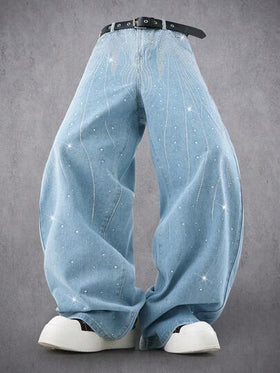 Manfinity Denimwave بنطلون جينز فضفاض مزين بالراين ستون ذو قصة مستقيمة، يناسب الجنسين