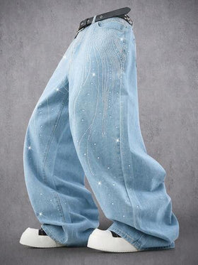 Manfinity Denimwave بنطلون جينز فضفاض مزين بالراين ستون ذو قصة مستقيمة، يناسب الجنسين