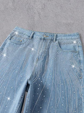 Manfinity Denimwave بنطلون جينز فضفاض مزين بالراين ستون ذو قصة مستقيمة، يناسب الجنسين