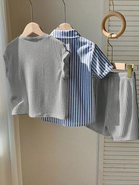 SHEIN 3 قطع طقم سترة كاجوال للأولاد للمدرسة، قميص مخطط، وشورت، مناسب لحفلات عيد الميلاد، الحفلات المسائية، الحفلات، الزفاف، المدرسة، المعمودية، حفلات استقبال المولود، الربيع/الصيف/الخريف