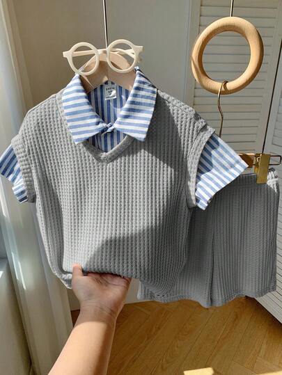SHEIN 3 قطع طقم سترة كاجوال للأولاد للمدرسة، قميص مخطط، وشورت، مناسب لحفلات عيد الميلاد، الحفلات المسائية، الحفلات، الزفاف، المدرسة، المعمودية، حفلات استقبال المولود، الربيع/الصيف/الخريف