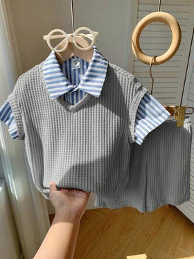 SHEIN 3 قطع طقم سترة كاجوال للأولاد للمدرسة، قميص مخطط، وشورت، مناسب لحفلات عيد الميلاد، الحفلات المسائية، الحفلات، الزفاف، المدرسة، المعمودية، حفلات استقبال المولود، الربيع/الصيف/الخريف