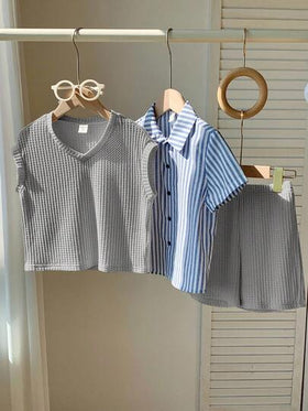SHEIN 3 قطع طقم سترة كاجوال للأولاد للمدرسة، قميص مخطط، وشورت، مناسب لحفلات عيد الميلاد، الحفلات المسائية، الحفلات، الزفاف، المدرسة، المعمودية، حفلات استقبال المولود، الربيع/الصيف/الخريف