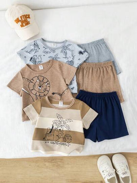 SHEIN 3 قطع/طقم ملابس علوية كم قصير بطبعة حيوانات لطيفة للأطفال الصغار، وبلوزة مضفرة وشورت، ملابس صيفية/ربيعية للأولاد الرضع