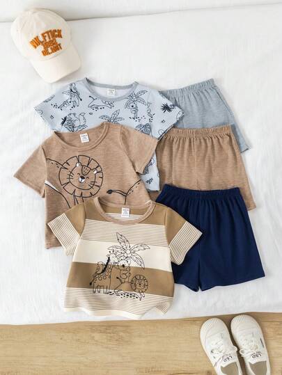 SHEIN 3 قطع/طقم ملابس علوية كم قصير بطبعة حيوانات لطيفة للأطفال الصغار، وبلوزة مضفرة وشورت، ملابس صيفية/ربيعية للأولاد الرضع