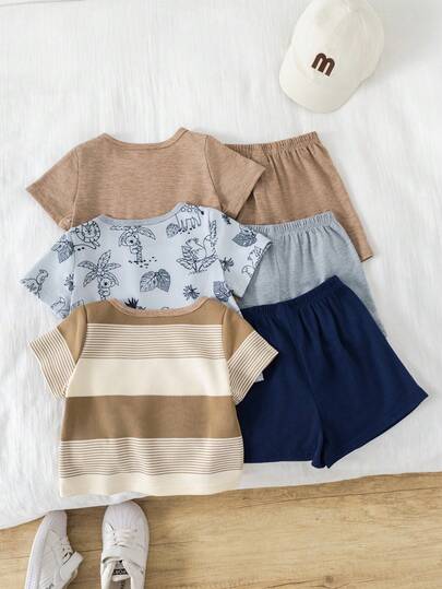 SHEIN 3 قطع/طقم ملابس علوية كم قصير بطبعة حيوانات لطيفة للأطفال الصغار، وبلوزة مضفرة وشورت، ملابس صيفية/ربيعية للأولاد الرضع