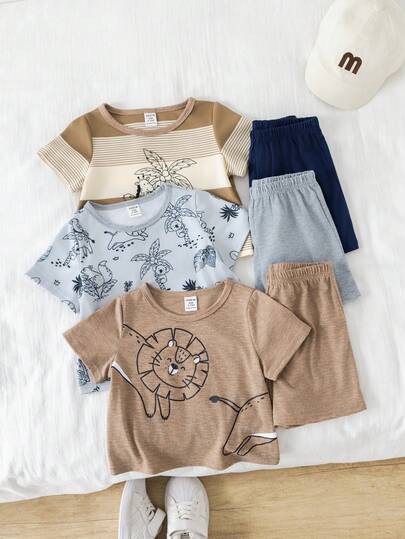 SHEIN 3 قطع/طقم ملابس علوية كم قصير بطبعة حيوانات لطيفة للأطفال الصغار، وبلوزة مضفرة وشورت، ملابس صيفية/ربيعية للأولاد الرضع