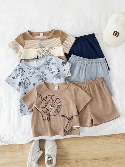 SHEIN 3 قطع/طقم ملابس علوية كم قصير بطبعة حيوانات لطيفة للأطفال الصغار، وبلوزة مضفرة وشورت، ملابس صيفية/ربيعية للأولاد الرضع