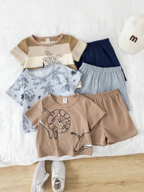 SHEIN 3 قطع/طقم ملابس علوية كم قصير بطبعة حيوانات لطيفة للأطفال الصغار، وبلوزة مضفرة وشورت، ملابس صيفية/ربيعية للأولاد الرضع