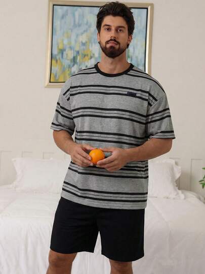 DAZY بيجامة رجالية مكونة من ملابس علوية مخطط وشورت أسود، صيفية