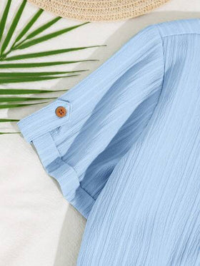 SHEIN ملابس كاجوال عطلة للفتى المراهق بطراز كوري بياقة مندرين وسحاب نصفي وأكمام قصيرة مع شورت مطبوع مجموعة من قطعتين