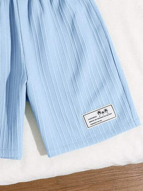 SHEIN ملابس كاجوال عطلة للفتى المراهق بطراز كوري بياقة مندرين وسحاب نصفي وأكمام قصيرة مع شورت مطبوع مجموعة من قطعتين