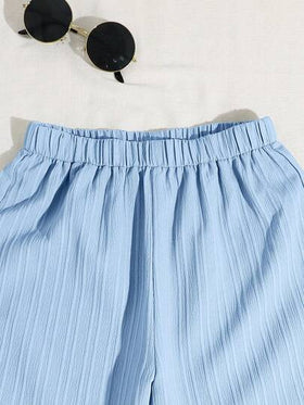 SHEIN ملابس كاجوال عطلة للفتى المراهق بطراز كوري بياقة مندرين وسحاب نصفي وأكمام قصيرة مع شورت مطبوع مجموعة من قطعتين