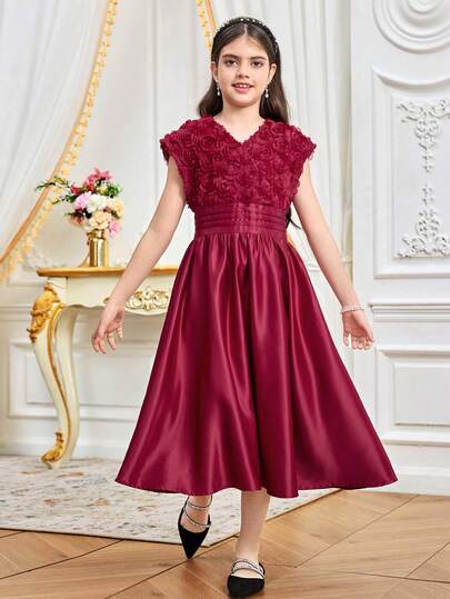 SHEIN فستان أنيق مناسب للفتيات المراهقات بياقة على شكل حرف V وأكمام قصيرة وطول متوسط بطراز قصر ملكي