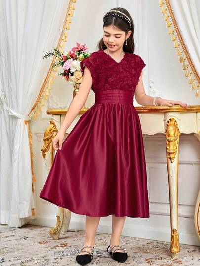 SHEIN فستان أنيق مناسب للفتيات المراهقات بياقة على شكل حرف V وأكمام قصيرة وطول متوسط بطراز قصر ملكي