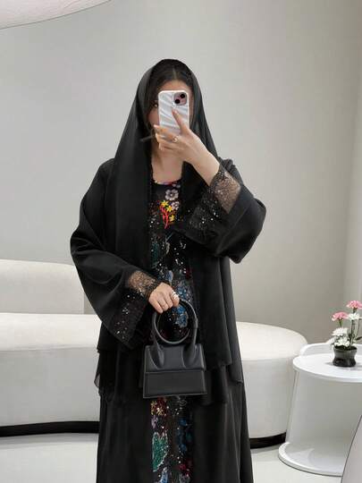 رمضان 3 قطع مجموعة ثوب أنيقة للنساء، تشمل ثوب أمامي مفتوح مزين بالدانتيل، فستان داخلي مصنوع من الأقمشة المحبوكة، وشال شيفون مزين بالدانتيل - مثالية للعطلات والتجمعات، مناسبة للربيع والصيف والخريف، وأيضًا مناسبة كفستان حفلة أنيق للنساء