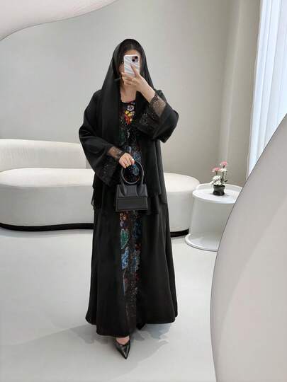رمضان 3 قطع مجموعة ثوب أنيقة للنساء، تشمل ثوب أمامي مفتوح مزين بالدانتيل، فستان داخلي مصنوع من الأقمشة المحبوكة، وشال شيفون مزين بالدانتيل - مثالية للعطلات والتجمعات، مناسبة للربيع والصيف والخريف، وأيضًا مناسبة كفستان حفلة أنيق للنساء