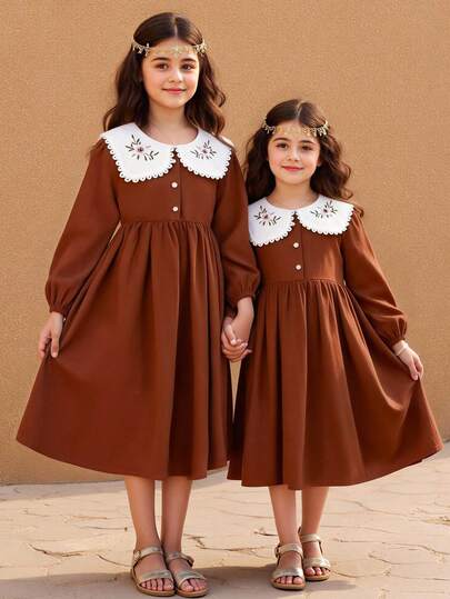SHEIN فستان بياقة مطرزة حلو وجميل للبنات، مناسب للتنقل والاستخدام اليومي والعطلات والحفلات