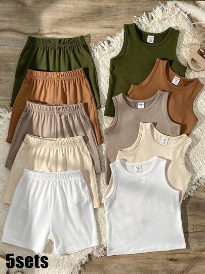 SHEIN Vintaside Kids 10 قطعة مجموعة ملابس صيفية للأطفال الرضع الجنسين، تتكون من بلوزات بياقة دائرية باللون الأسود والأبيض والرمادي والأزرق والأخضر الرمادي مع شورتات فضفاضة مطابقة، بتصميم بسيط، مناسبة للعب في الخارج والارتداء اليومي للأطفال الرضع