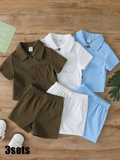 SHEIN Vintaside Kids مجموعة بها 6 قطع من قميص عادي مريح مصنوع من قماش وشورت للأطفال الرضع الصبية ،متعدد الألوان مناسب للصيف