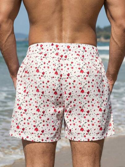 Manfinity Swimmode شورت كاجوال بطبعة زهرية وخصر مطاطي وجيوب للرجال