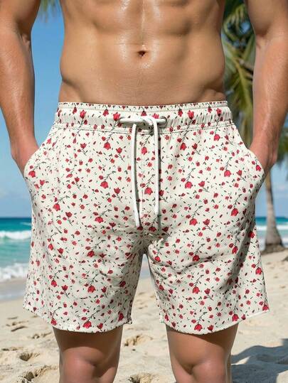 Manfinity Swimmode شورت كاجوال بطبعة زهرية وخصر مطاطي وجيوب للرجال