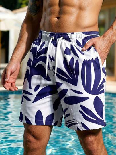 Manfinity Swimmode شورتات شاطئ كاجوال للرجال بطباعة ألوان متباينة