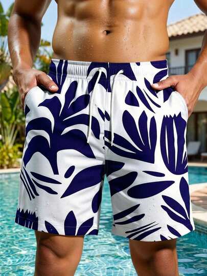 Manfinity Swimmode شورتات شاطئ كاجوال للرجال بطباعة ألوان متباينة