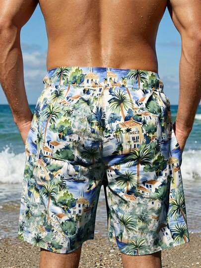 Manfinity Swimmode شورت كاجوال للشاطئ للرجال بخصر مرن وجيوب مع طباعة أشجار النخيل