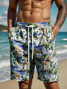 Manfinity Swimmode شورت كاجوال للشاطئ للرجال بخصر مرن وجيوب مع طباعة أشجار النخيل