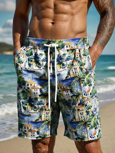 Manfinity Swimmode شورت كاجوال للشاطئ للرجال بخصر مرن وجيوب مع طباعة أشجار النخيل