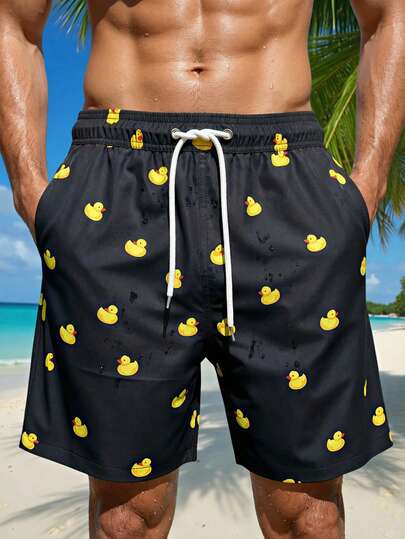 Manfinity Swimmode شورت كاجوال للرجال بخصر مرن مطبوع عليه بطة كرتونية وجيوب