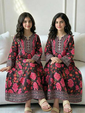 رمضان فستان طويل الأكمام مطبوع بالورود للفتيات المراهقات الأنيق والتقليدي