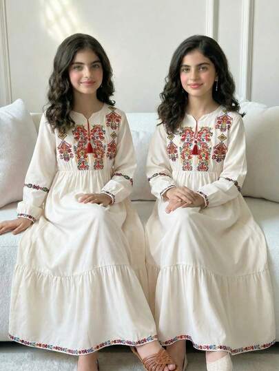 رمضان فستان طويل الأكمام بياقة على شكل حرف V للنساء والفتيات، بطبعات عربية/شرق أوسطية، مناسب للحفلات والأوقات الحرة والتنقل