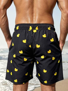 Manfinity Swimmode شورت كاجوال للرجال بخصر مرن مطبوع عليه بطة كرتونية وجيوب