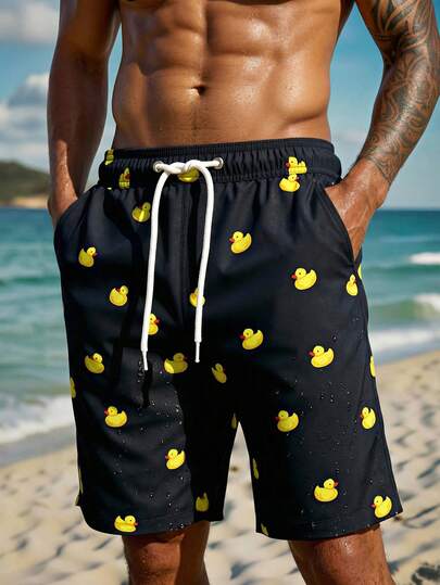 Manfinity Swimmode شورت كاجوال للرجال بخصر مرن مطبوع عليه بطة كرتونية وجيوب