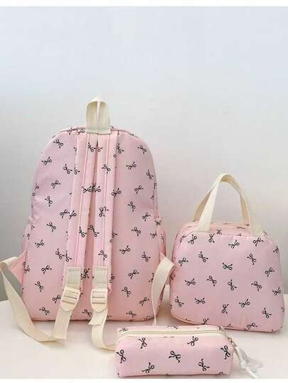 3 قطع/مجموعة حقيبة ظهر مزينة بالفيونكة، حقيبة كتف، حافظة أقلام للمدرسة، أنيقة وعصرية، مناسبة لطلاب المرحلة المتوسطة والثانوية، موسم العودة إلى المدرسة