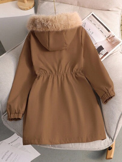 SHEIN معطف خارجي أنيق طويل مبطن بفرو أنيق وأنيق مناسب للفتيات المراهقات، مناسب للخريف/الشتاء، الحفلات، اللون الخاكي