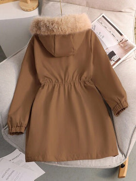 SHEIN معطف خارجي أنيق طويل مبطن بفرو أنيق وأنيق مناسب للفتيات المراهقات، مناسب للخريف/الشتاء، الحفلات، اللون الخاكي