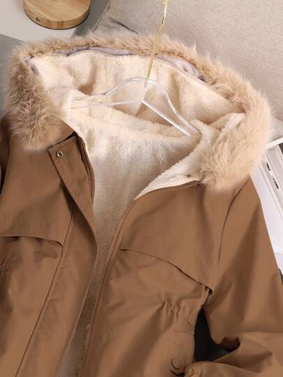 SHEIN معطف خارجي أنيق طويل مبطن بفرو أنيق وأنيق مناسب للفتيات المراهقات، مناسب للخريف/الشتاء، الحفلات، اللون الخاكي