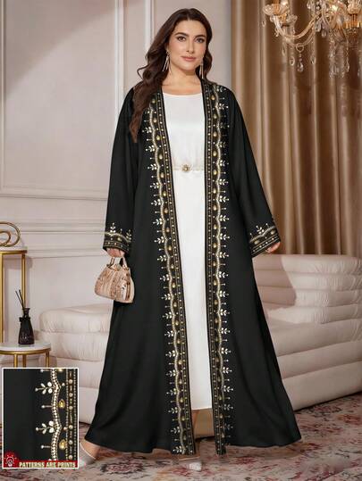 SHEIN Najma عباية كاردجان طويلة كاجوال مطبوعة بالأزهار والخرز الاصطناعي، مناسبة للمرأة البدينة، موسم الربيع/الخريف