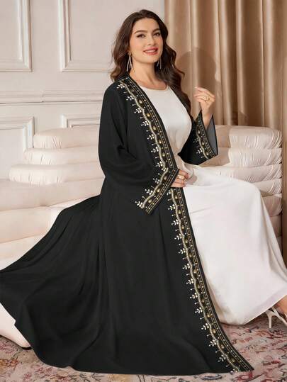 SHEIN Najma عباية كاردجان طويلة كاجوال مطبوعة بالأزهار والخرز الاصطناعي، مناسبة للمرأة البدينة، موسم الربيع/الخريف