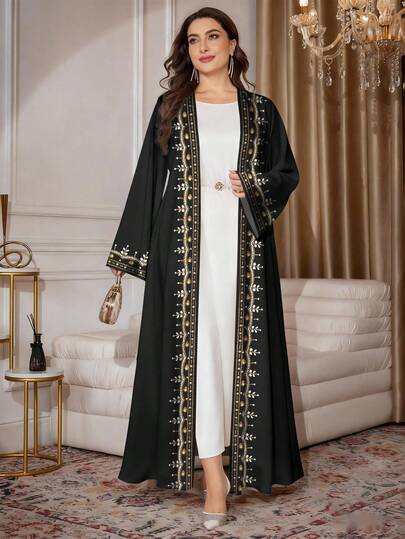 SHEIN Najma عباية كاردجان طويلة كاجوال مطبوعة بالأزهار والخرز الاصطناعي، مناسبة للمرأة البدينة، موسم الربيع/الخريف