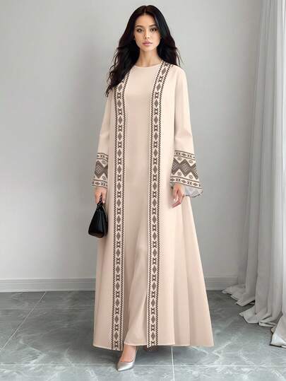 SHEIN Najma عباية كاردجان طويلة كاجوال للنساء بطبعة هندسية، أكمام طويلة، للربيع والخريف