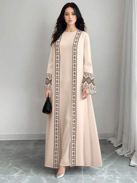 SHEIN Najma عباية كاردجان طويلة كاجوال للنساء بطبعة هندسية، أكمام طويلة، للربيع والخريف