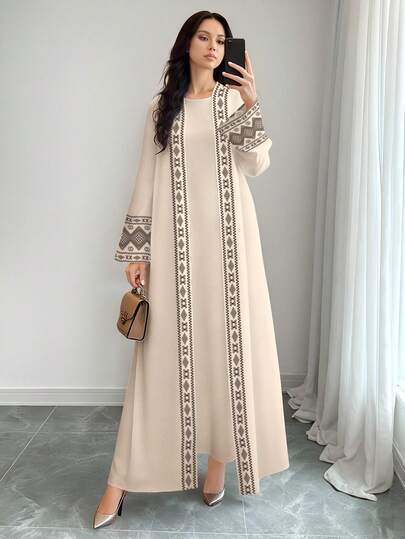 SHEIN Najma عباية كاردجان طويلة كاجوال للنساء بطبعة هندسية، أكمام طويلة، للربيع والخريف
