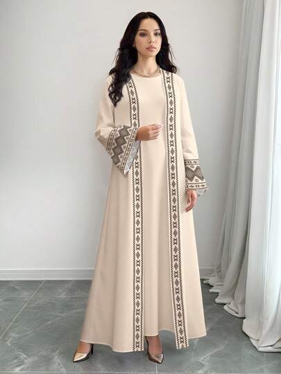 SHEIN Najma عباية كاردجان طويلة كاجوال للنساء بطبعة هندسية، أكمام طويلة، للربيع والخريف