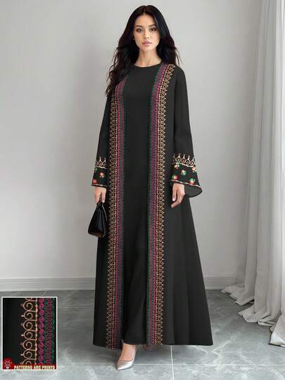 SHEIN Najma عباية كاردجان طويلة الأكمام كاجوال للنساء، مطرزة بطبعات زهرية وحلزونية، مناسبة للربيع والخريف