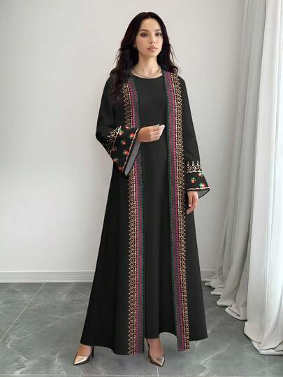 SHEIN Najma عباية كاردجان طويلة الأكمام كاجوال للنساء، مطرزة بطبعات زهرية وحلزونية، مناسبة للربيع والخريف