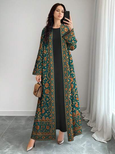 SHEIN Najma عباية كاردجان طويلة الأكمام كاجوال بطبعة رقمية زهرية بطراز البوب آرت، للربيع والخريف